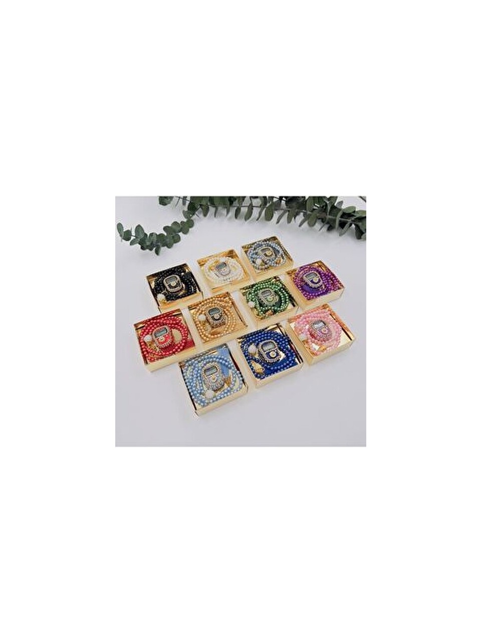 10 Adet Hediyelik Çeyizlik Gold Kutulu Tesbih ve Taşlı Zikirmatik Seti ( Mevlit-Sünnet-Hac-Umre)