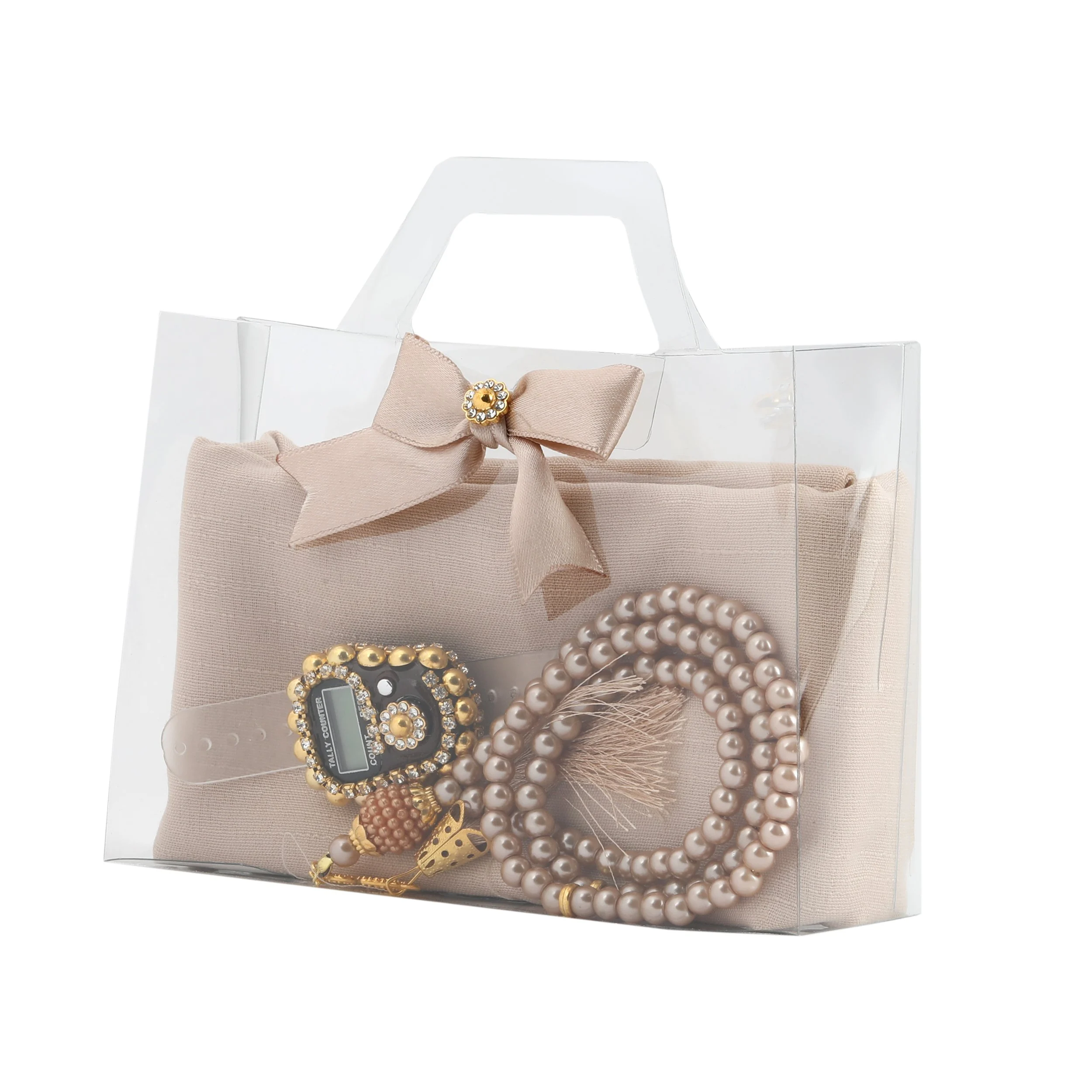 Asetat Çantalı Eşarp Zikirmatik Tesbih Seti Gold