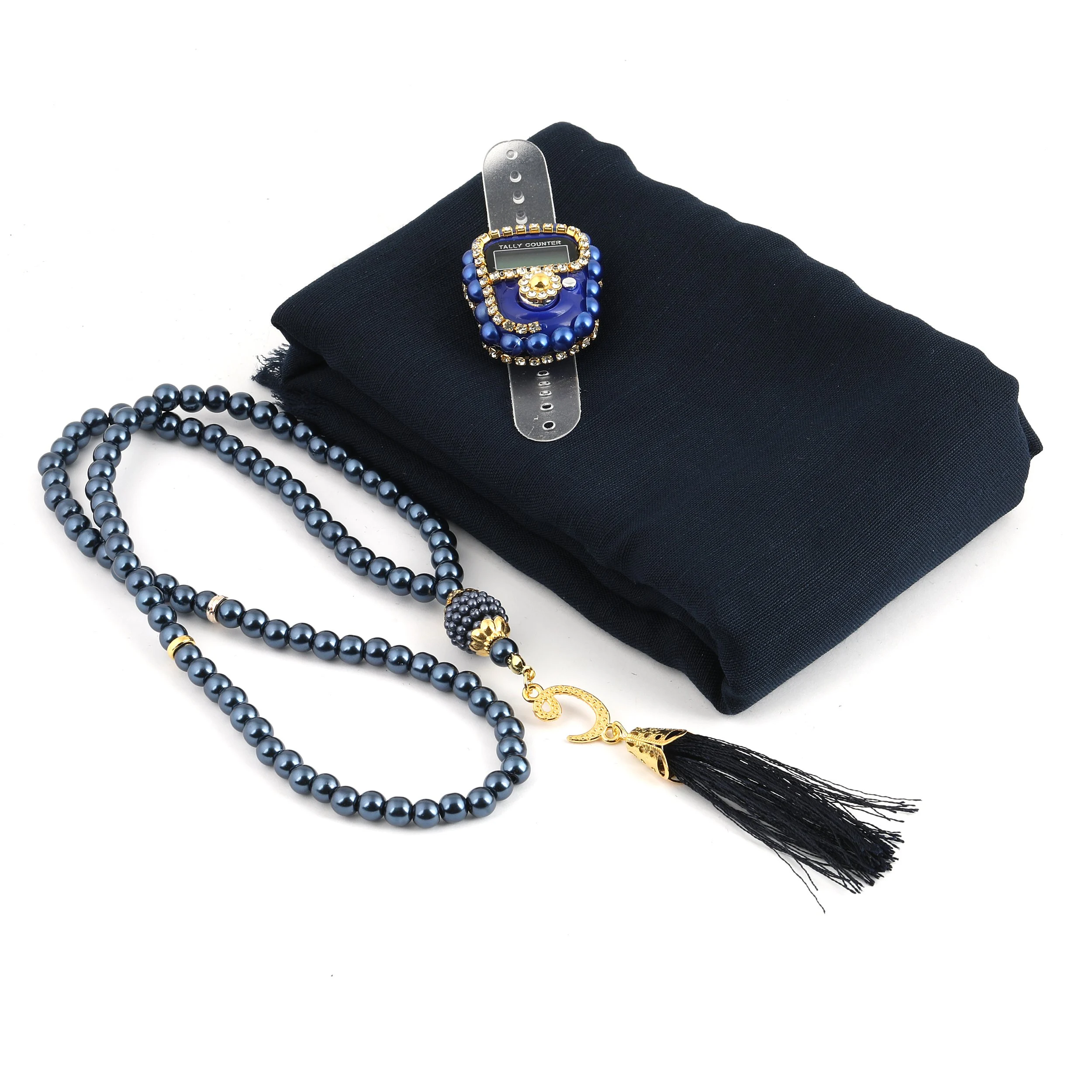 Asetat Çantalı Eşarp Zikirmatik Tesbih Seti Lacivert