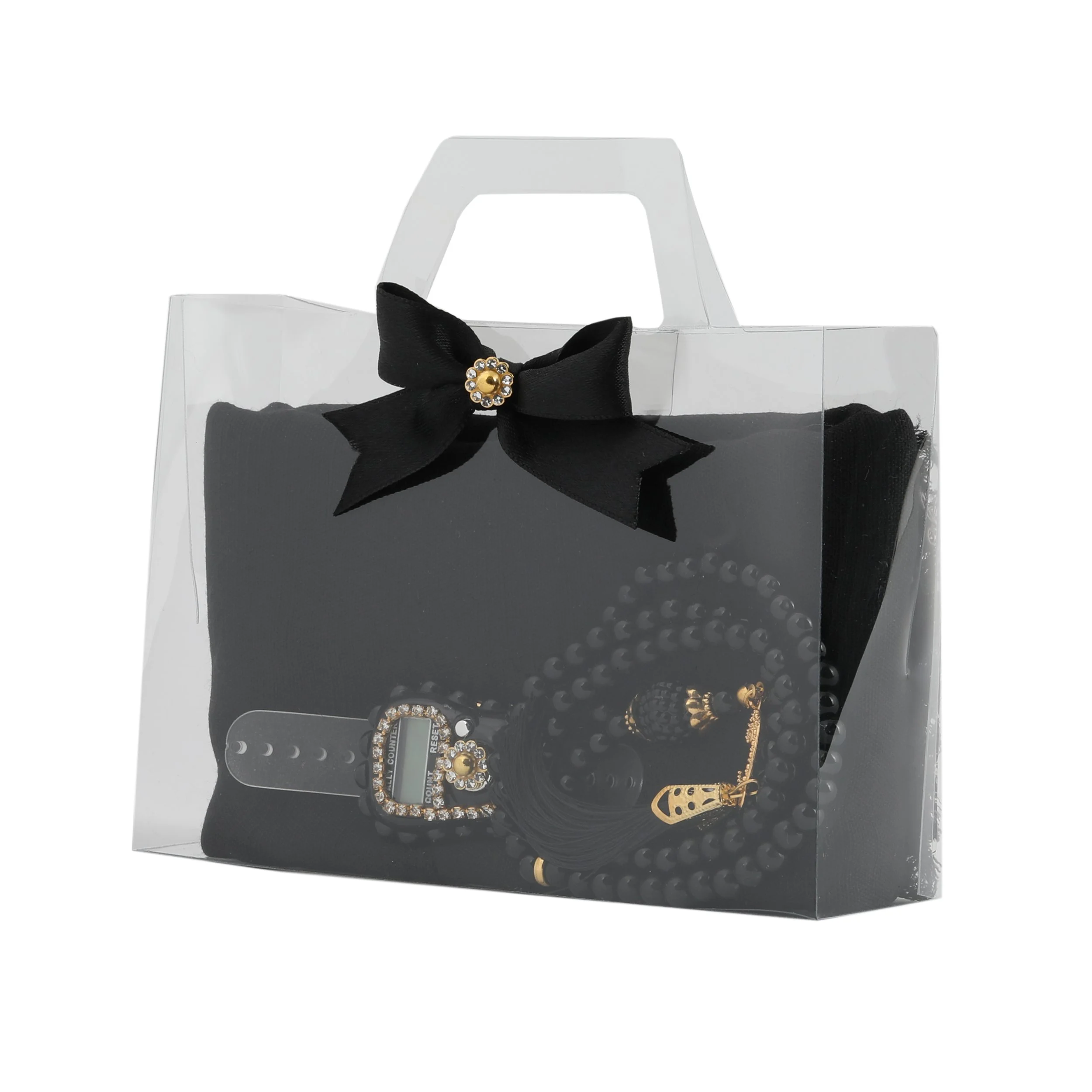 Asetat Çantalı Eşarp Zikirmatik Tesbih Seti Siyah