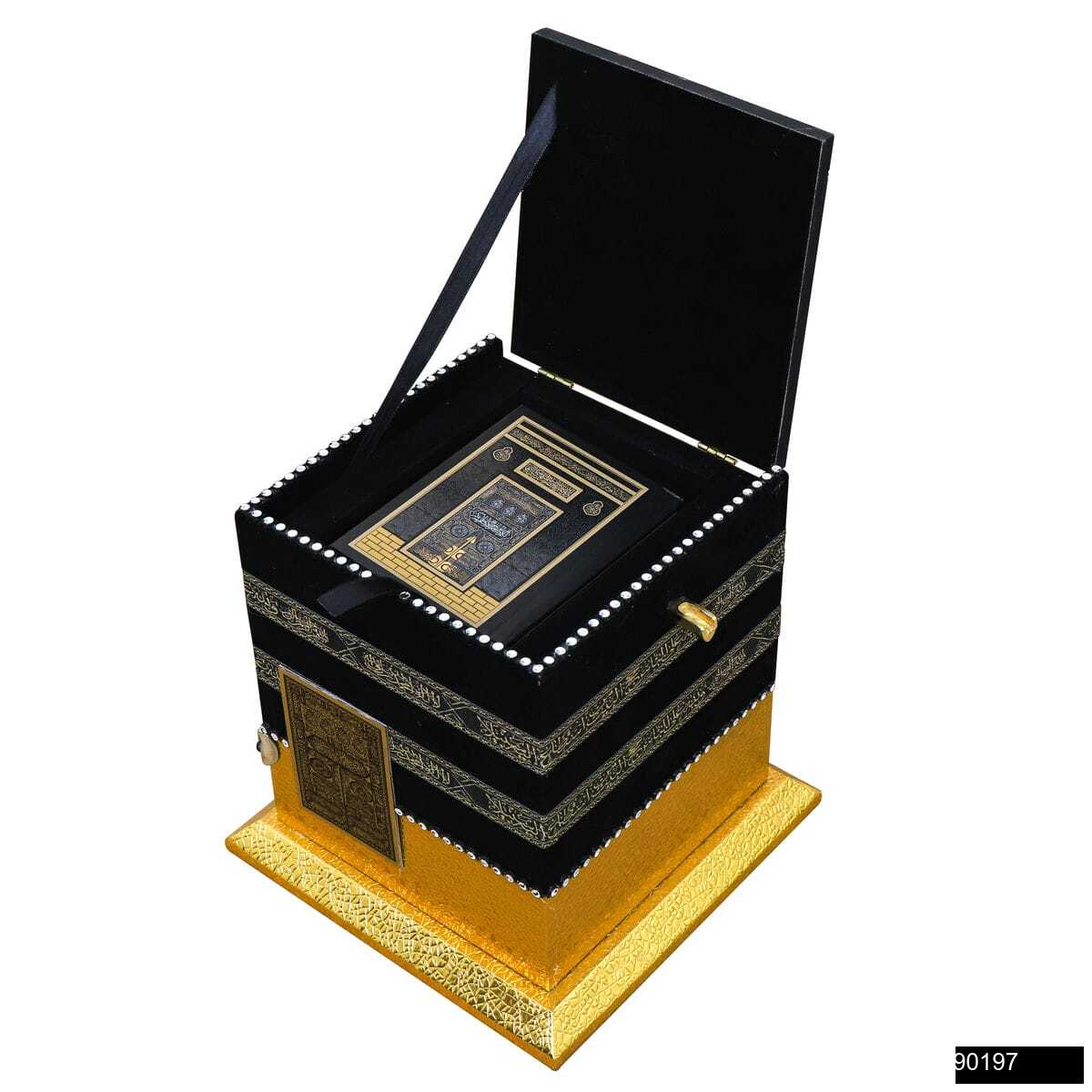 Küçük Boy Kare Kabe Maket Kutu 20 cm + Cep Boy Medine Hatlı Arapça Kabe Sıvama Kapak Kuran-ı Kerim Hediye Seti